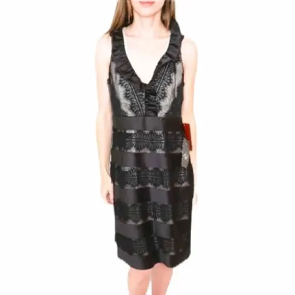 JS Collection Women's Black Lace Layered Sleeveless V Neck Midi Dress Size 10 - Picture 2 of 8